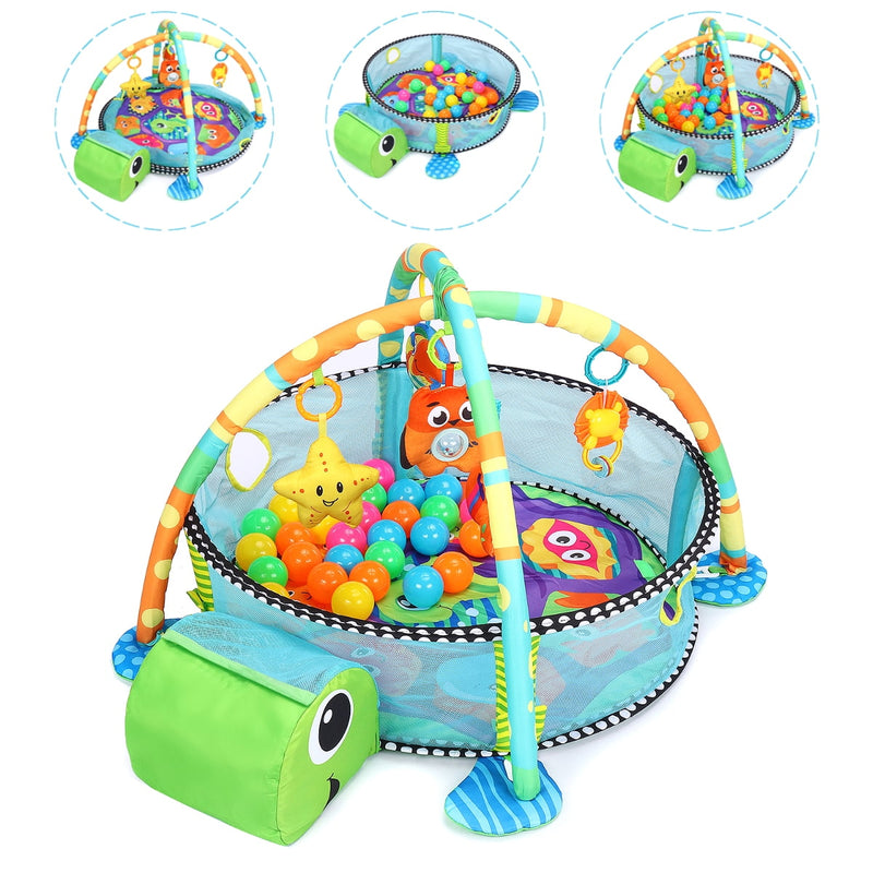 3 In 1 Baby Activity Play Mat Gym Game With Ball Pit Play Crawling Mat Baby Playing Mat Toys Unisex Kids Activity Carpet Infant W Hanging Toys Ocean Ball (Green Turtle),Christmas Gifts