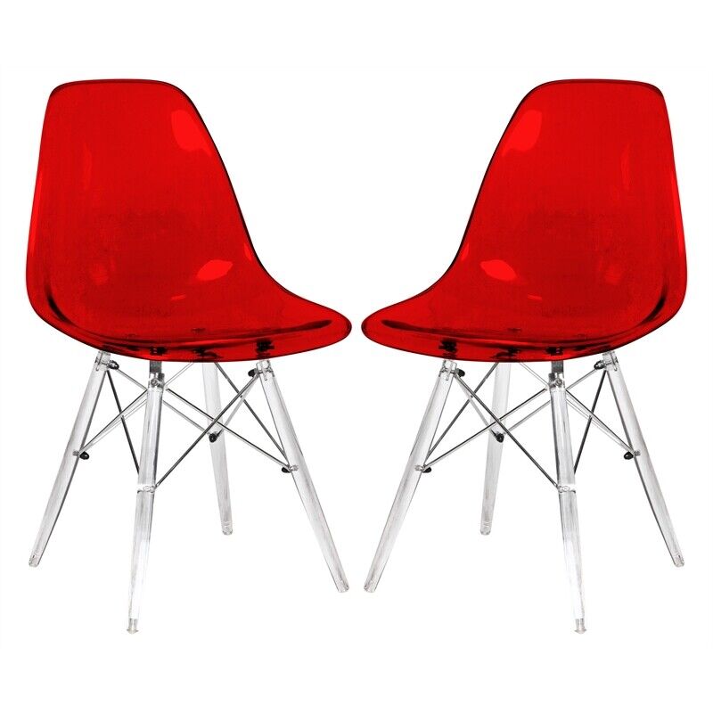 LeisureMod Dover Dining Side Chair With Acrylic Eiffel Base in Red Set of 2