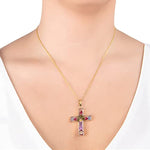 14K Gold Over Sterling Silver Pressed Flower Multi Colored Cross Pendant Necklace
