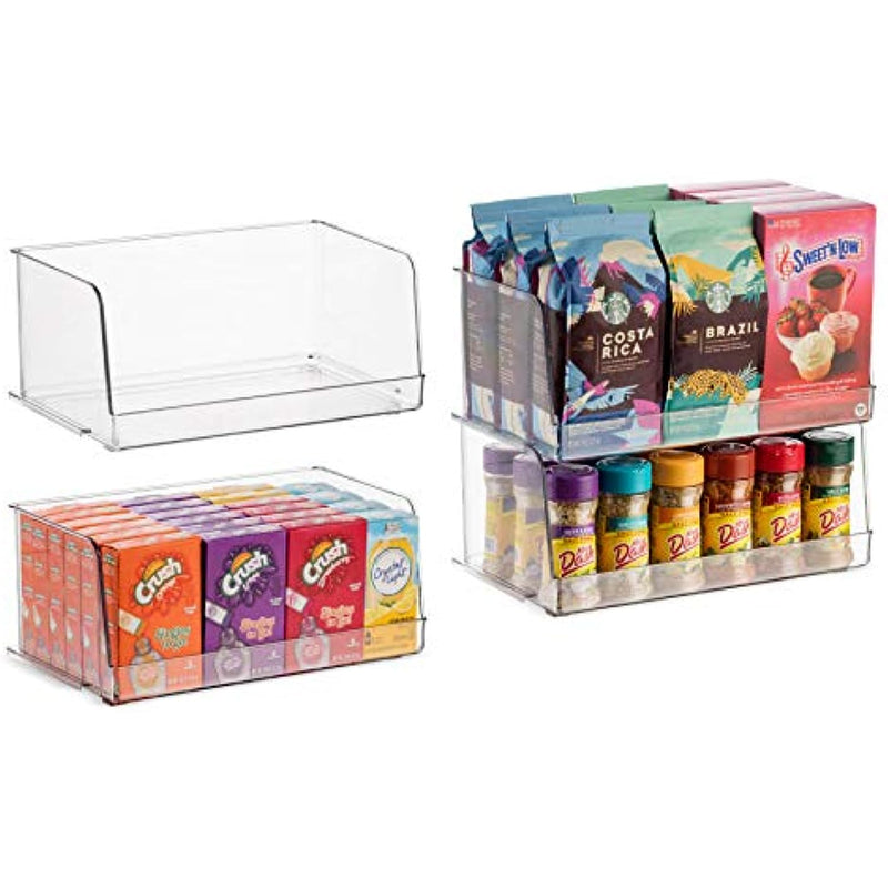 Set of 4 Clear Pantry Organizer Bins with Wide Open Front, 12" Wide