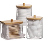 Qtips Holder Storage with Wood Lids, Cotton Ball/Swabs Dispenser, Apothecary Container Jar 3 Pcs