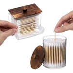Qtips Holder Storage with Wood Lids, Cotton Ball/Swabs Dispenser, Apothecary Container Jar 3 Pcs