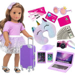 Doll Travel Suitcase Play Set With 18 Inch Doll Clothes And Accessories Including Sunglasses Camera Computer Phone Ipad Travel Pillow Ect