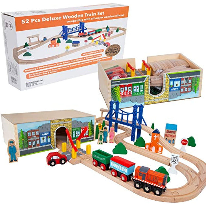 Deluxe Wooden Train Set With Dual Use Storage Box Tunnel 52 Pcs