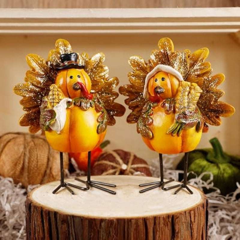 Set of 2 Resin Turkey Thanksgiving Tabletop Decorations