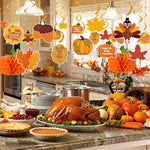 40PCS Pre-Assembled Thanksgiving Banner Hanging Swirls Fall Leaves Garland and Honeycomb Pumpkins for Thanksgiving Decor