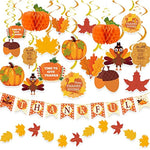 40PCS Pre-Assembled Thanksgiving Banner Hanging Swirls Fall Leaves Garland and Honeycomb Pumpkins for Thanksgiving Decor