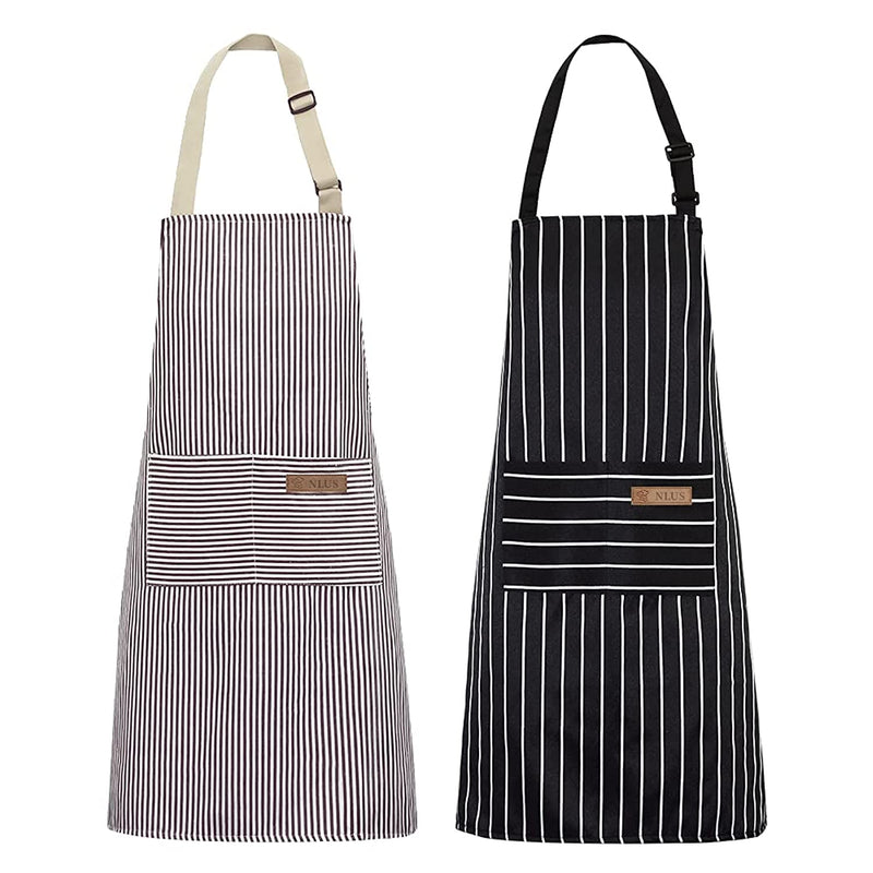 2 Pack Kitchen Cooking Aprons Adjustable Bib Soft Chef Apron With 2 Pockets For Men Women Black Brown Stripes