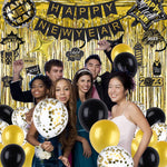 2023 Happy New Year Decorations Black And Gold Party Decorations Foil Balloons Banner Flower Pom Poms Hanging Swirls Happy New Year Banner Golden Curtain