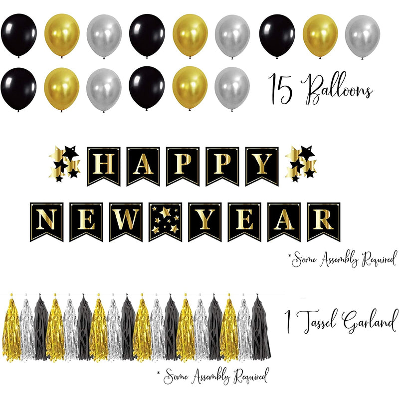 New Years Eve Serves 12 Party Kit Includes Banners Tassel Garland Paper Hat Tiaras Horns Squawker Balloons Swirls And Fringe Curtains