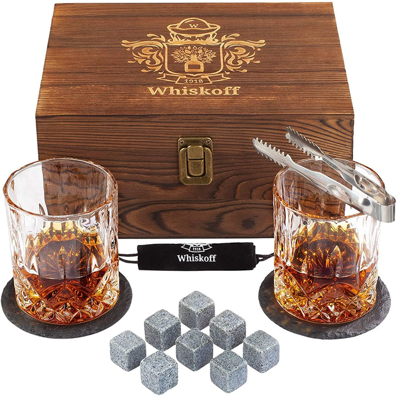 Whiskey Glass Set Of 2 Bourbon Whiskey Stones Gift Set For Men Includes Crystal Whisky Rocks Glasses Chilling Stones Slate Coasters Scotch Glasses In Wooden Box Wisky Burbon Retirement Gifts