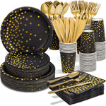 Black And Gold Party Supplies 350 Pcs Disposable Dinnerware Set Black Paper Plates Napkins Cups Gold Plastic Forks Knives Spoons For Birthday Christmas Halloween Thanksgiving New Years Eve Party