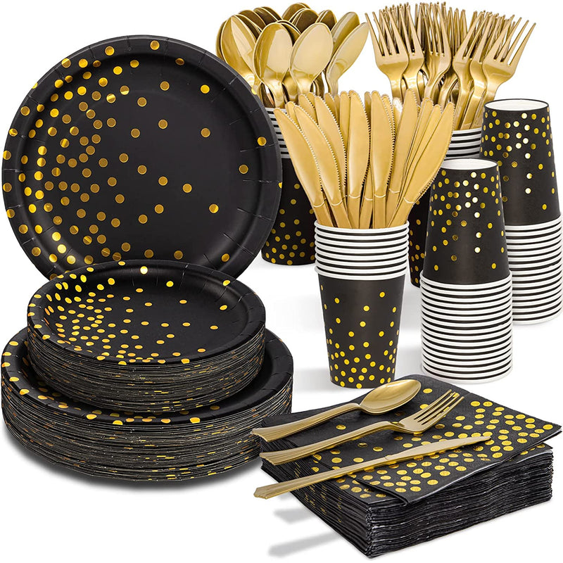 Black And Gold Party Supplies 350 Pcs Disposable Dinnerware Set Black Paper Plates Napkins Cups Gold Plastic Forks Knives Spoons For Birthday Christmas Halloween Thanksgiving New Years Eve Party