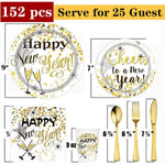 2023 Happy New Year Party Supplies Tableware Set Of 150 Pcs Disposable Dinnerware Tablecloth Set Paper Plates Napkins Cups Gold Plastic Forks Knives Spoons