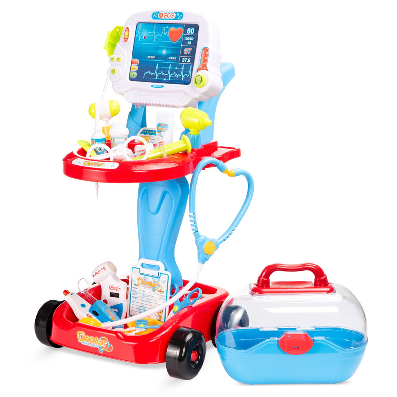 Play Doctor Kit For Kids, Pretend Medical Station Set With Carrying Case, Mobile Cart