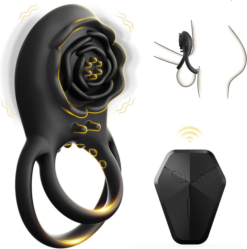 Vibrating Cock Ring with Rose Clitoral Vibrator, 8 Vibes Remote Control Couples Toy
