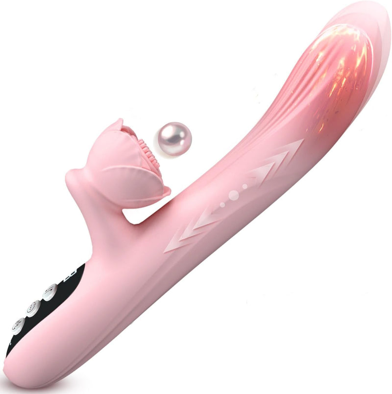4-in-1 Rose Rabbit Vibrator – Thrusting, Licking & Heating Dildo with LCD Display