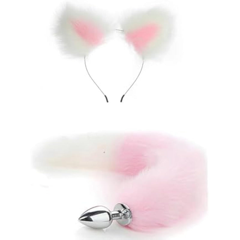 Butt Plug Fox Tail Cosplay Anal Plug Anal Butt Plug Adult Sex Toys For Beginner Women Men Couple (White-Pink Set)