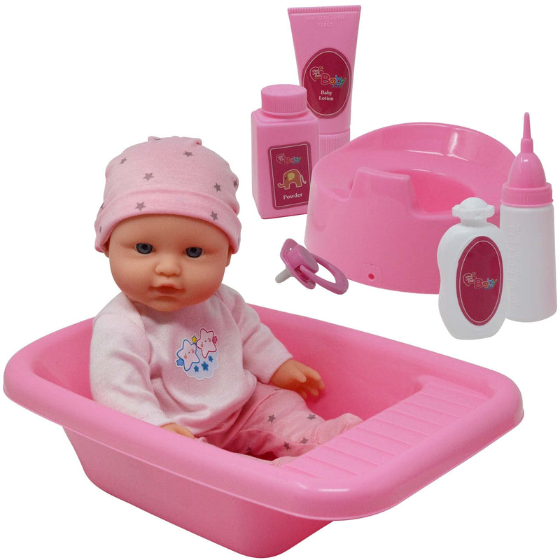 Baby Doll Bath Set With Bathtub & Playtime Accessories “ Gift Pack With 12 Doll, Tub, Pretend Pacifier, Plastic Potty & More “ 8Pc Pink Play Kit Ages 3+