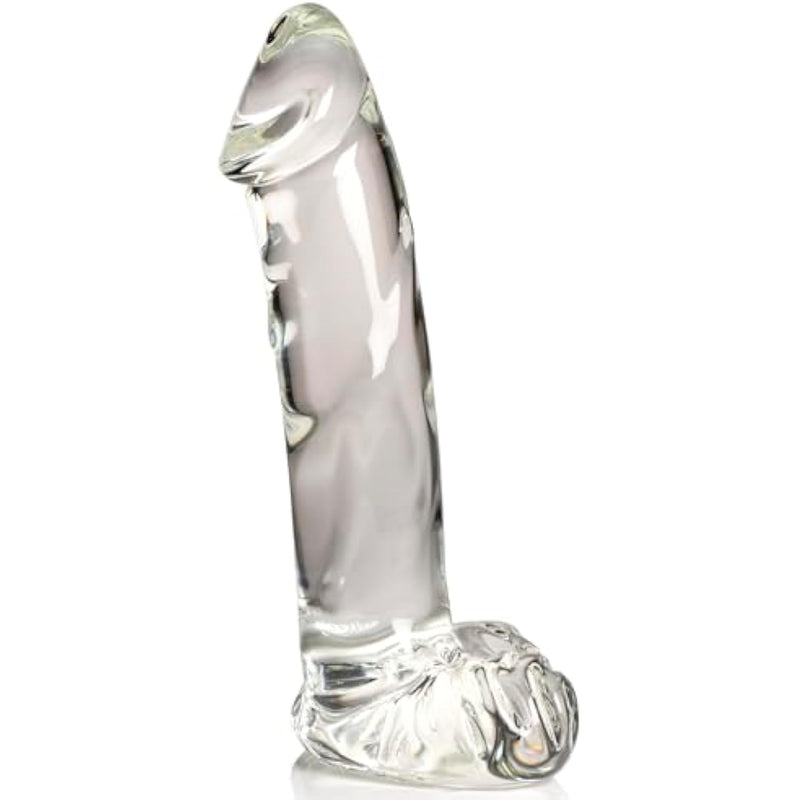 Pleasure Crystals 7.1" Glass Dildo With Balls For Men, Women & Couples. Realistic Texture, Latex-Free And Phthalate-Free, Ideal For Temperature Play. 1 Piece, Clear.