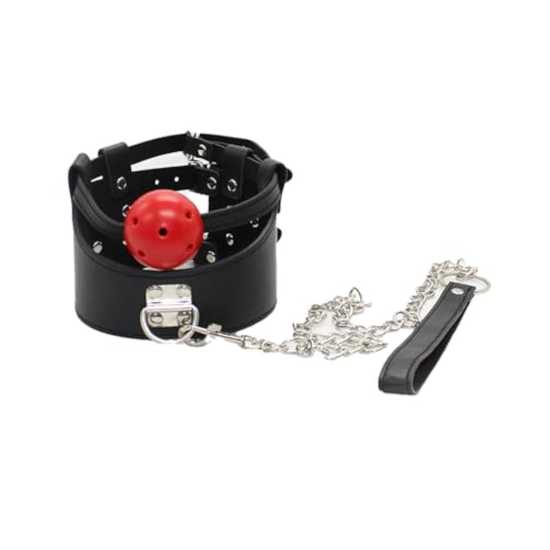 Bondage Collar With Ball Gag Leather Chain Adjustable Restraints Chokers Women Couples Bedroom Sex Toys