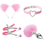 4-Piece Anal Plug Set With Bunny Tail Stainless Steel Butt Plug, Faux Fox Cat Ear Headband Hair Hoop, Heart Leather Bondage Choker And Body Ring Nipple Clamps With Bells For Adults Women Couples