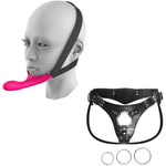 Set Of 2: Strap-On Face Chin Harness Vibrator Dildo With 10 Vibrating Modes And Adjustable Plus Size Perforated Strap-On Harness With Leather And Plush Lining With Three Metal Rings