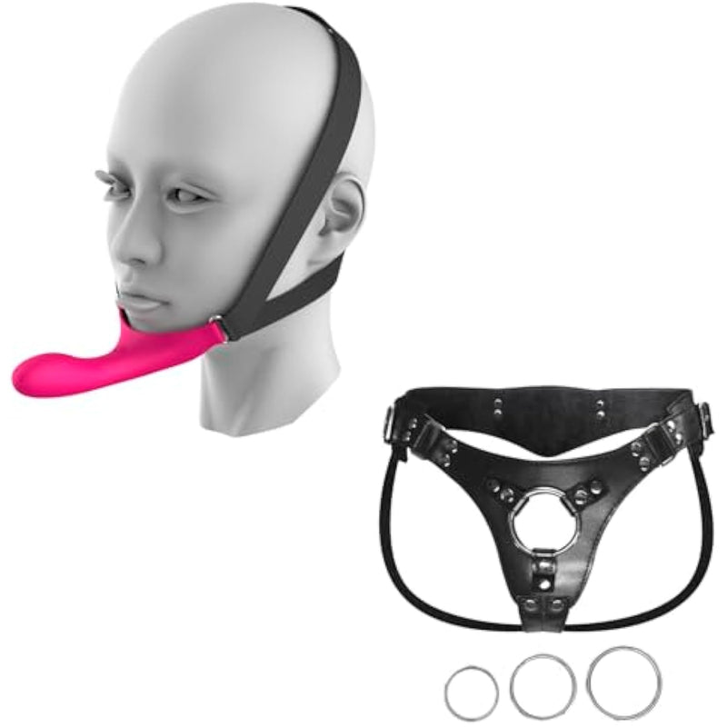 Set Of 2: Strap-On Face Chin Harness Vibrator Dildo With 10 Vibrating Modes And Adjustable Plus Size Perforated Strap-On Harness With Leather And Plush Lining With Three Metal Rings