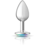 Viben Toys – Cheeky Charms Butt Plug – Body Safe Aluminum Alloy, Lightweight Anal Plug – Silver Round Clear Iridescent Acrylic Gemstone – Small