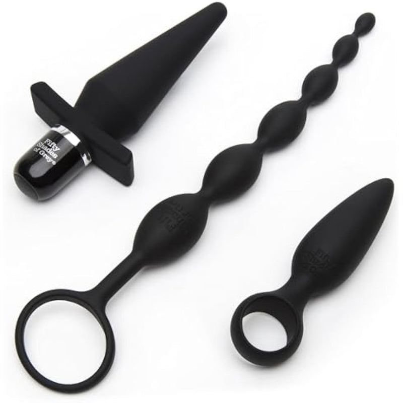 Fifty Shades Of Grey 4 Piece Anal Toys Starter Kit - With Silicone Butt Plug, Vibrating Butt Plug, Anal Beads & Douche - Waterproof - Black