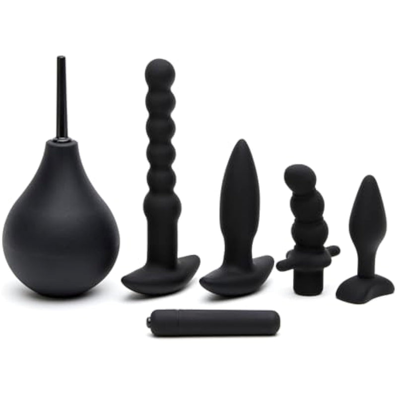 Bumper Booty Anal Toys Kit - 2 Butt Plugs, Anal Beads, Prostate Massager & Douche - Removable Bullet Vibrator Included - Silicone 6 Piece Adult Sex Toy Kit For Couples - Black
