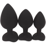 Anal Sex Trainer 3Pcs Kit Heart Silicone Jeweled Butt Plugs (Black)
