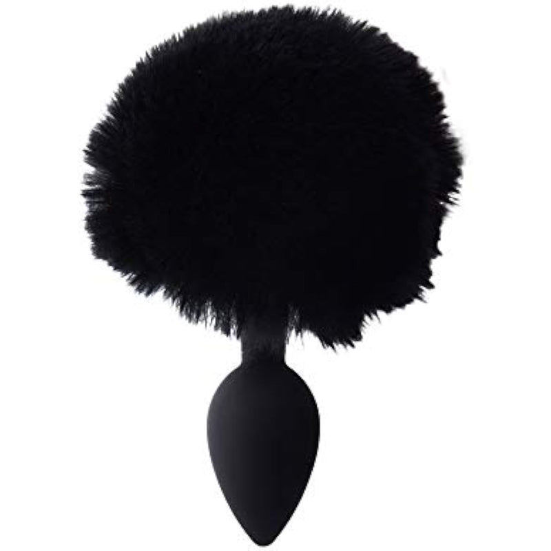 Fluffy Bunny Tail, Silicone Anal Butt Plug, Black Color, Adult Sex Toy, 45G