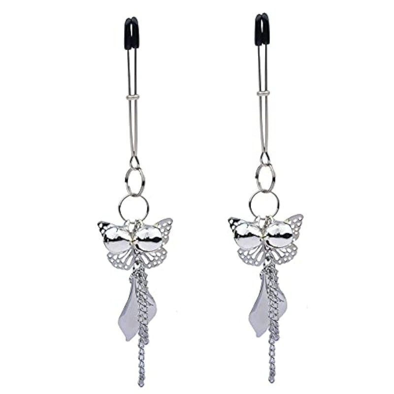 Silver Butterfly Pendant Bell Nipple Clamps, Adjustable Breast Nipple Clamps, Papilla Straighteners Corrector Nipple Shield Nipple Clamps Adjustable Breast Clamps (A)