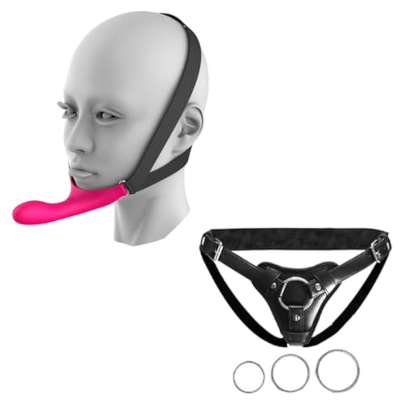 Set Of 2: Strap-On Face Chin Harness Vibrator Dildo With 10 Vibrating Modes And Adjustable Plus Size Strap-On Harness With Leather And Plush Lining With Three Metal Rings