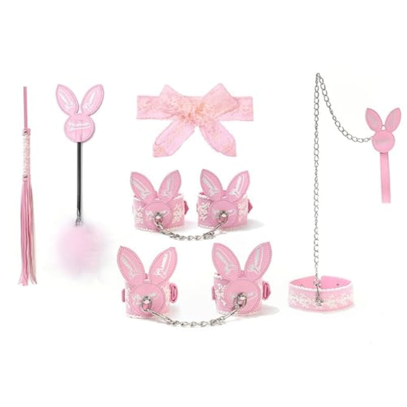 Pink Bunny Ears Bdsm Kit Bondage Restraints Set With Collar Leash Bondage Cuffs Blindfold Paddle Feather Tickler Sex Toys For Couple Women Men