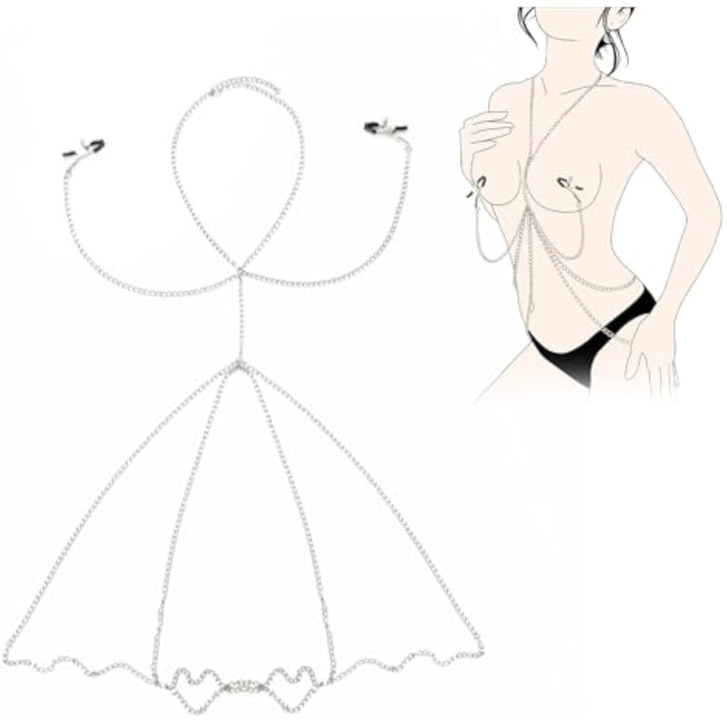 Nipple Clamps Body Jewelry Bdsm Sex Toy, Adjustable Non-Piercing Nipple Toys Body Chain With Necklace Bondage For Games, Kinky Breast Clips For Women Couples Pleasure (Silver)