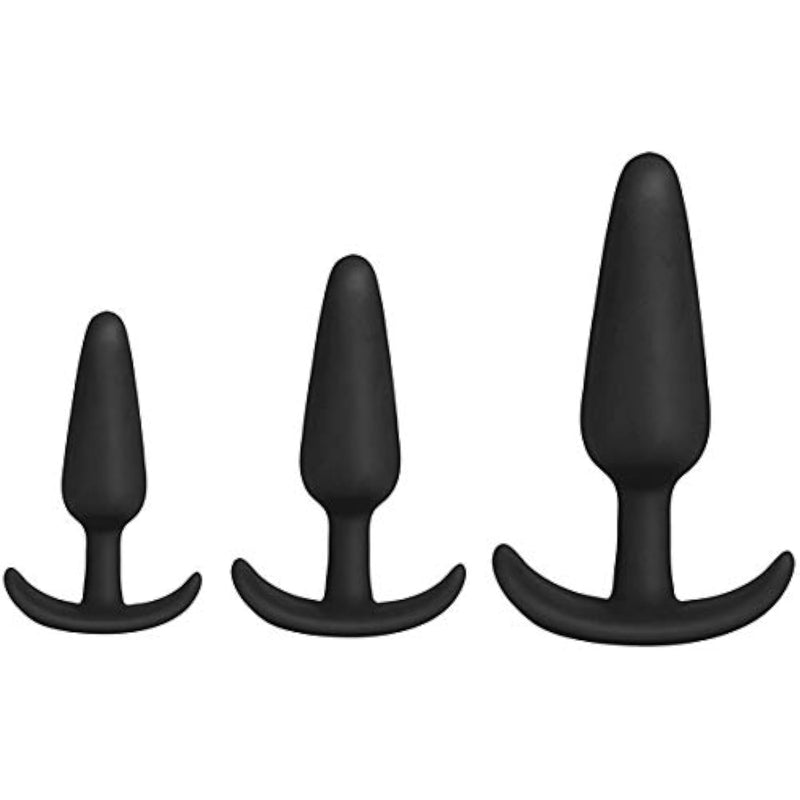 Doc Johnson Merci - Tush Trainer - 3 Piece Silicone Set - Medium, Large, Extra Large - Curved Base for Comfort - for Adults Only, Black