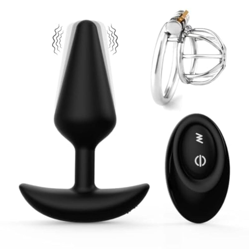 Chastity Cage And Vibrating Anal Plug With Remote And 12 Vibration Modes