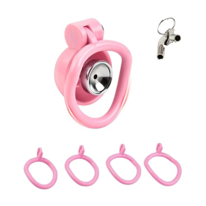 Cock Cage With Push Lock Male Chastity Cages With 5 Different Sized Rings And 2 Keys Sex Toys Chasity Devices Used To Bind A Man'S Penis Bondage Gear With Catheter And Urinal Tray (Pink,C)