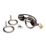 Locking Stainless Steel Chastity Cage W/ 3 Rings, Silver