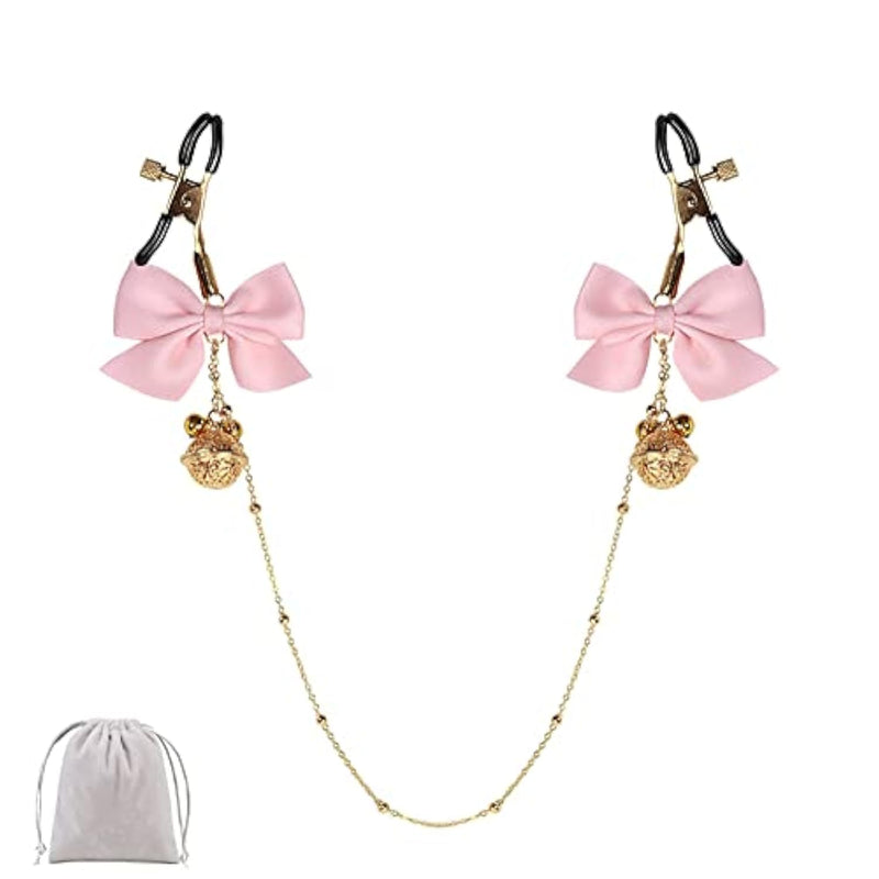 Adjustable Nipple Clamps With Chain Non Piercing Nipple Clips With Bells Attractive Nipple Clip Body Jewelry (Pink A)