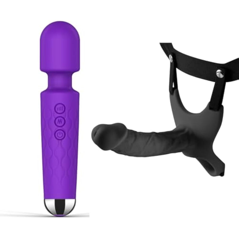 Rechargeable Silicone Wand Vibrator + Hollow Strap-On System