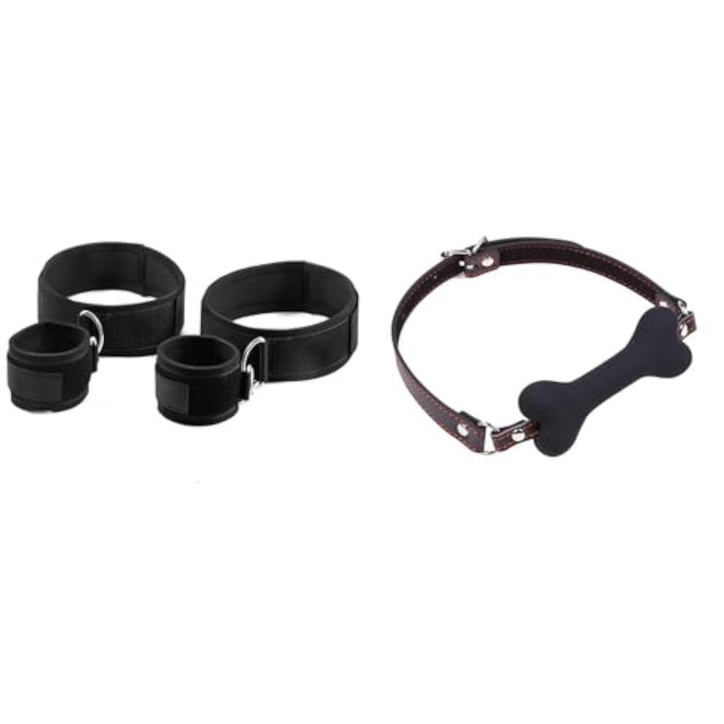 2 Pcs Bdsm Restraints Kit Dog Bone Mouth Ball Gag & Wrist To Thigh Bondage Set Sex Handcuffs Leg Sex Toys For Adult Couples Sm Game