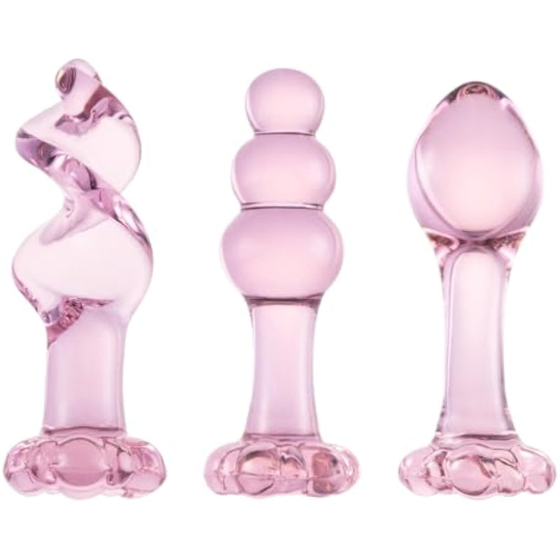 LizzStore 3pcs Glass Anal Plug for 3 Shapes Long Butt Plug and Flower Shaped Based Transparent Prostate Massager for Women Men Sex Toys