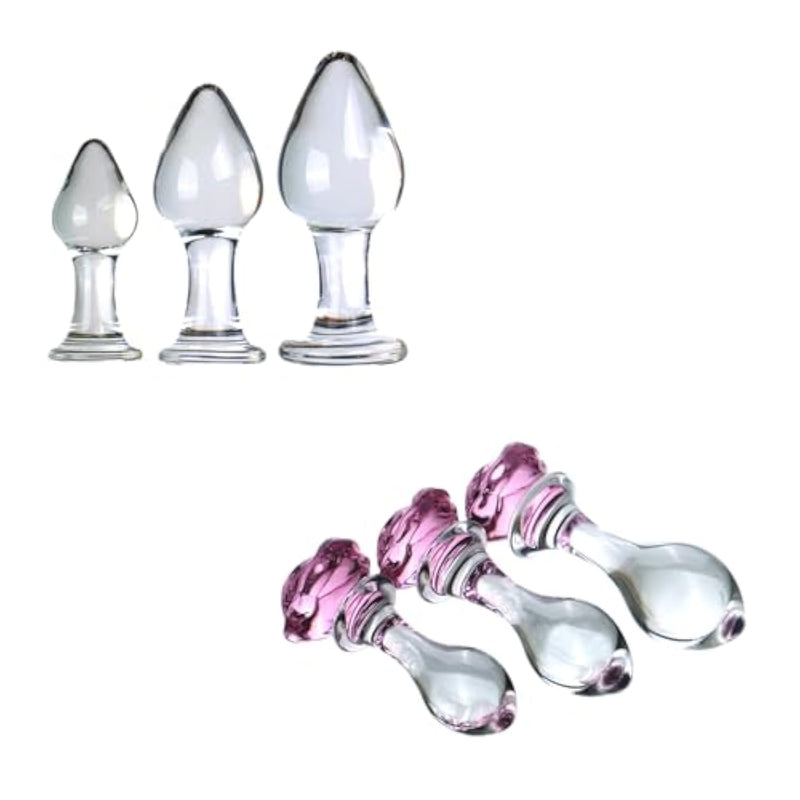 3Pcs Crystal Glass Anal Butt Plug Set + 3Pcs Crystal Rose Glass Butt Plug Set