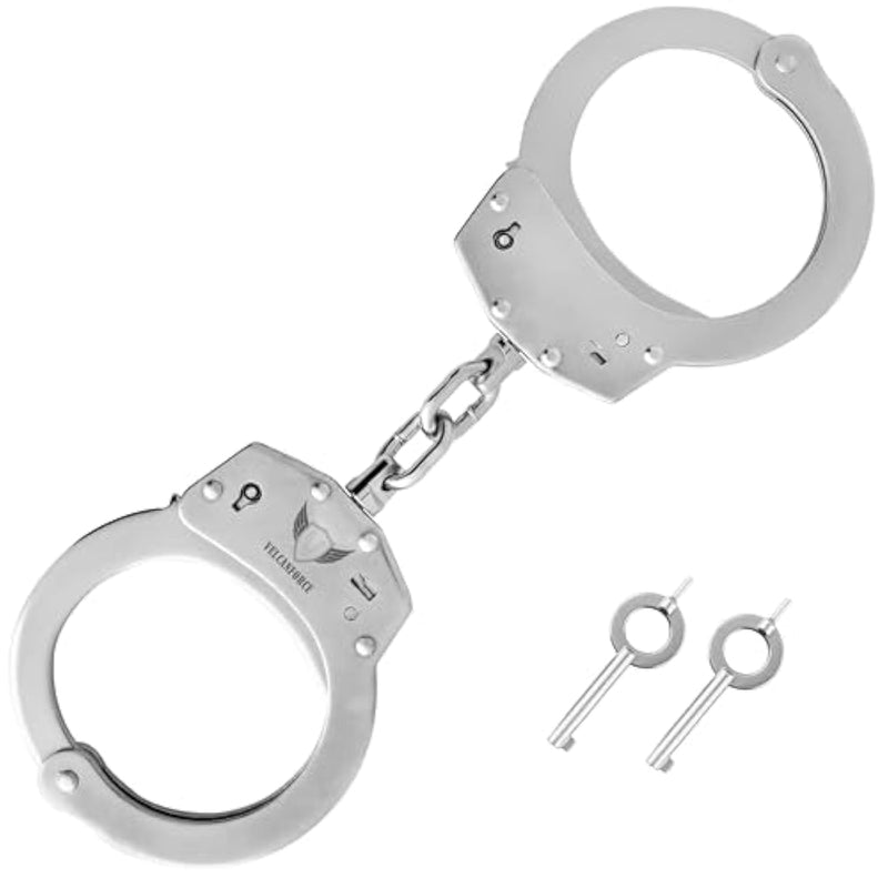 Handcuffs Law Enforcement - Heavy Duty Steel Chain Hand Cuffs - Includes 2 Keys - Extra Sturdy Double Lock - 16 Locking Positions Fit Most Wrists - Perfect For Security, Training