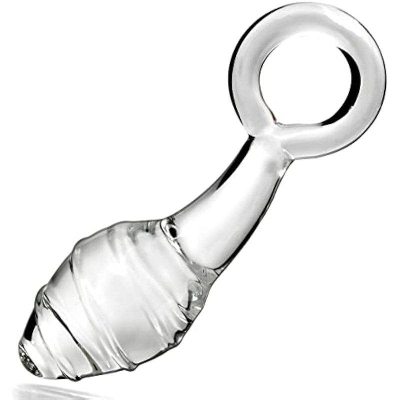 Glass Butt Plug With Pull Loop Anal Plug Prostate Massager With Spiral Texture, Long Neck And Tapered Head Fetish Anal Dilator Masturbation Sex Toy For Men Women, 5.90 X 1.77 Inch Transparent
