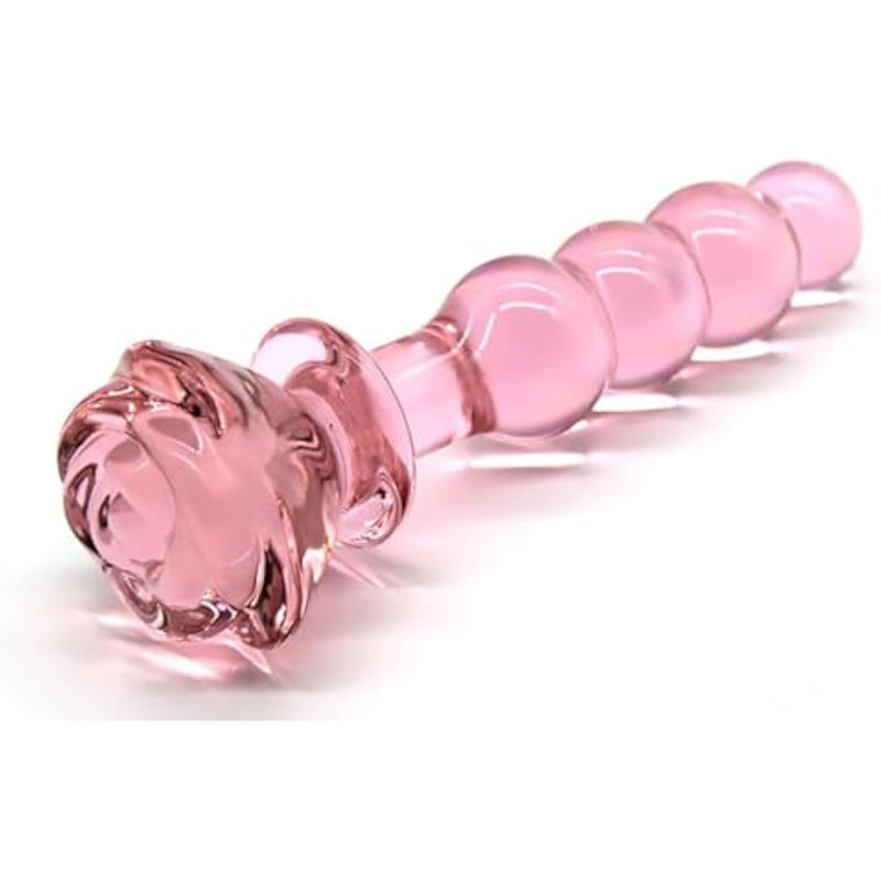 Crystal Rose Anal Bead Butt Plug, Clear Glass Anal Plug With 4 Gradual Large Anus Bead, Pink Rose Anal Plug Adult Sex Toy With Beautiful Round Rose Base For Men Women Sex