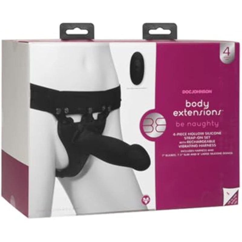 Doc Johnson Body Extensions - BE Naughty - Hollow Strap-On System - Remote Operated Vibrating Silicone Harness with Elastic Waist Band and 3 Hollow Dildos
